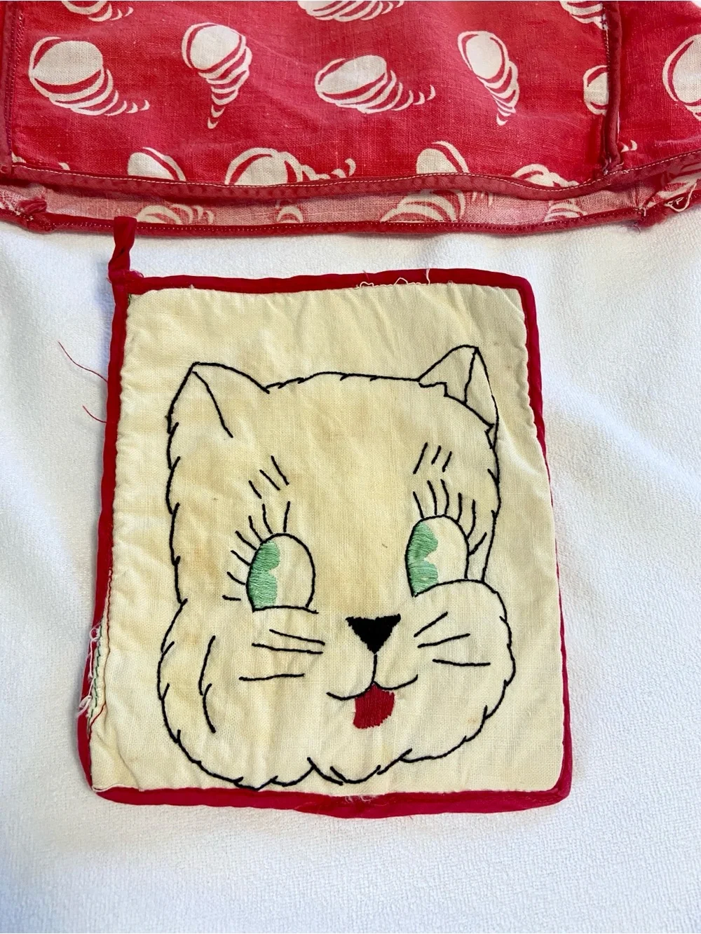 Vintage Handmade Red Kitchen Toaster Cover and Cute Kitten Potholder